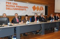 Da sinistra Furio Honsell, Maurizio Fermeglia, Debora Serracchiani, Alberto De Toni, Pietro Fontanini, Stefano Ruffo, Paolo Mosanghini